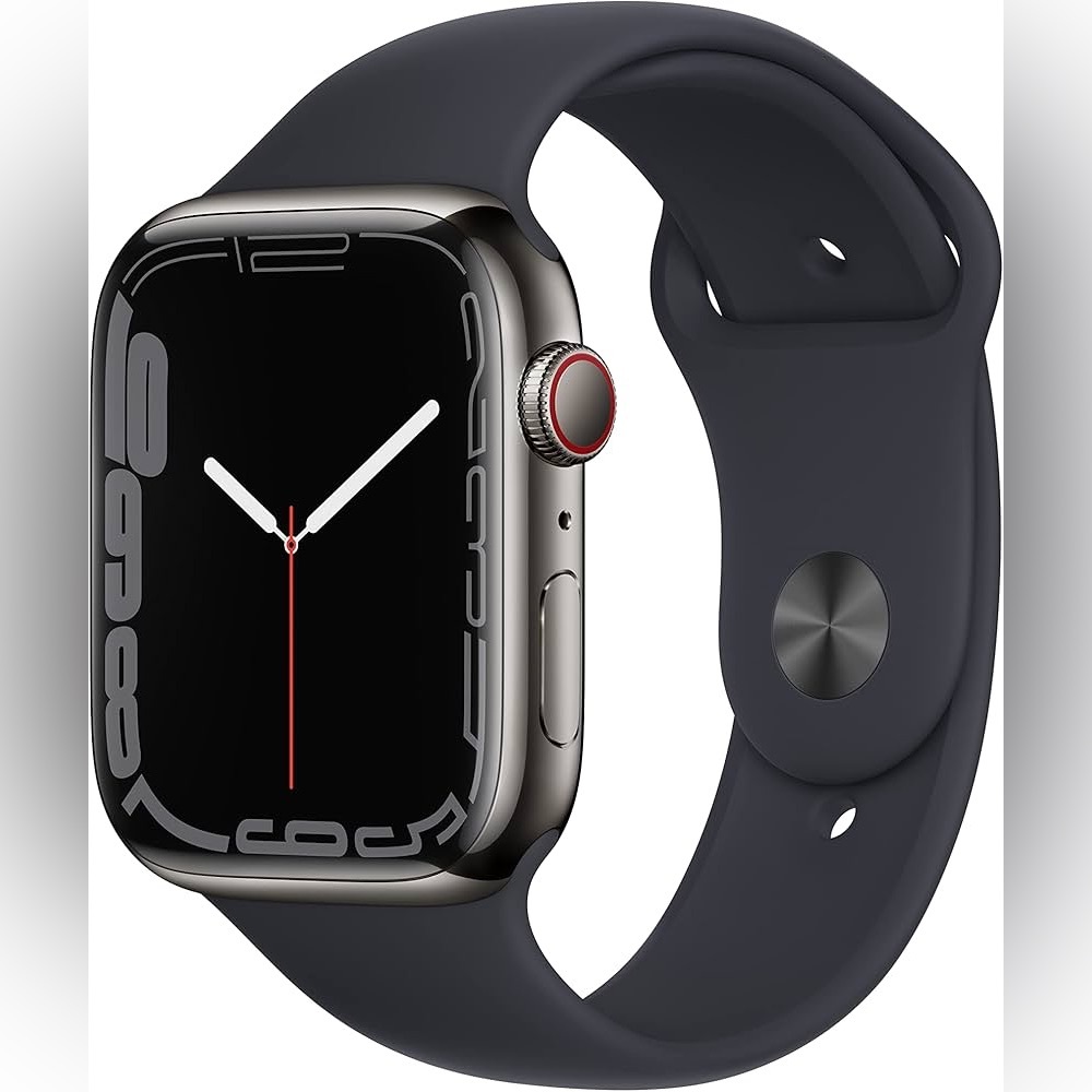 ⌚️NWT APPLE WATCH SERIES 7 45mm SILVER STAINLESS STEEL CASE W/ BLACK BAND - Picture 1 of 16